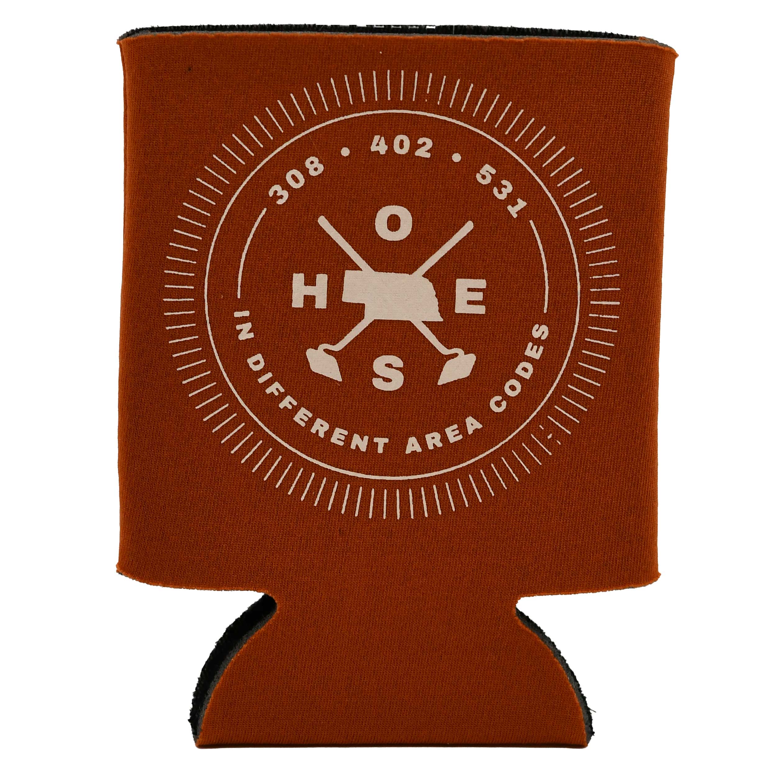 Brown can cooler with white text and design on a white background