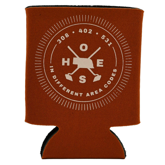 Brown can cooler with white text and design on a white background