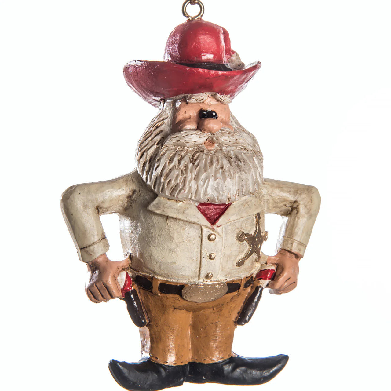 A decorative Cowboy Santa ornament from the Bert Anderson Collection, depicting a cowboy figure with a beard, wearing a red hat and a beige coat with a red shirt and brown pants.