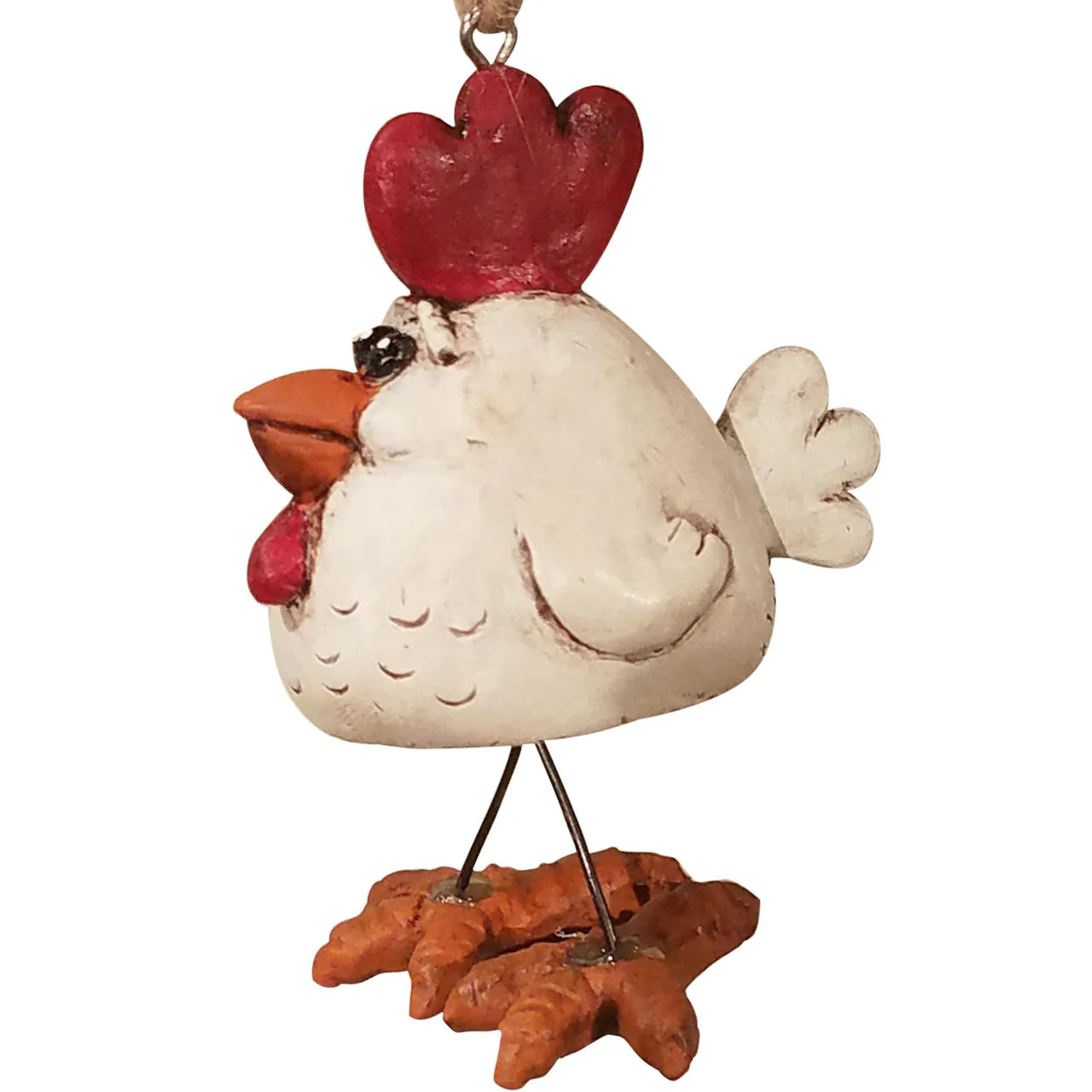 Handcrafted resin chicken ornament with wire legs, predominantly white with a red comb and brown feet, designed for holiday decoration.