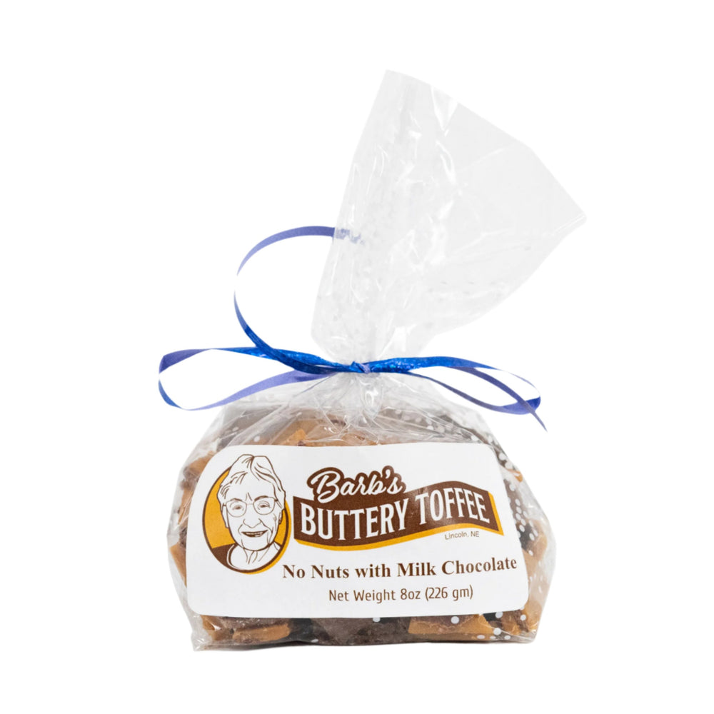 A packaged product labeled 'Barb's Buttery Toffee' with milk chocolate, net weight 8 oz (250g). The package is adorned with a green and yellow design, consistent with the brand colors.