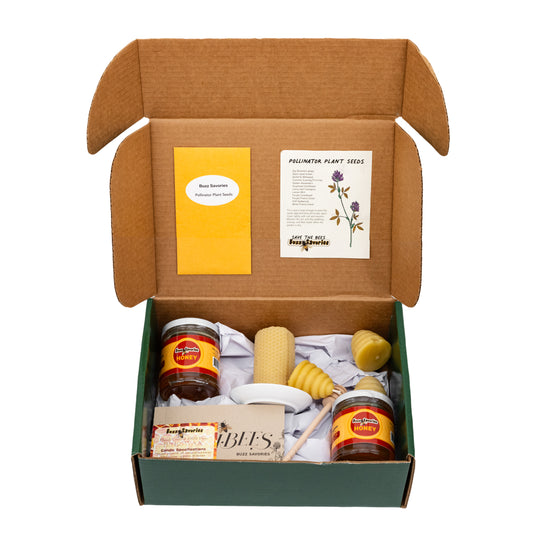 Gift Box | Buzz Worthy Gift Box with Honey Comb Candle | Includes Variety Of Candles, Jars Of Locally Sourced Honey, A Recipe Book, & Flower Seed Packet | Perfect Gift Giving Surprise | A Gift Everyone Will Love