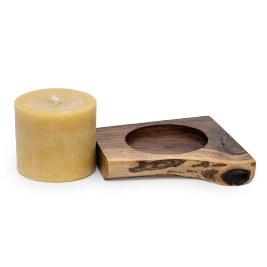 Bees Wax Candle | No Scent | 20 oz. Candle | Includes Handcrafted Elegant Oak Wooden Base | Clean-Burning | Hand Poured | Add To Your Living Space For A Cozy Ambience | 100% Pure Beeswax | No Drip, No Soot Candle