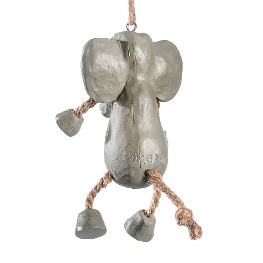 Decorative elephant figure made of stone with rope legs on a white background