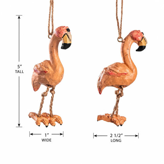 Two flamingo-shaped hanging ornaments shown on a white background with dimension callouts indicating 5 inches tall, 1 inch wide, and 2 1/2 inches long.