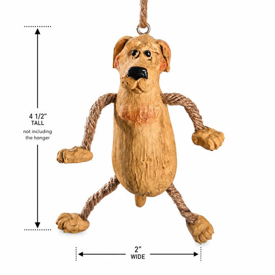 A hanging dog-shaped rope toy or ornament shown on a white background with measurement arrows and text indicating 4 1/2 inches tall and 2 inches wide.