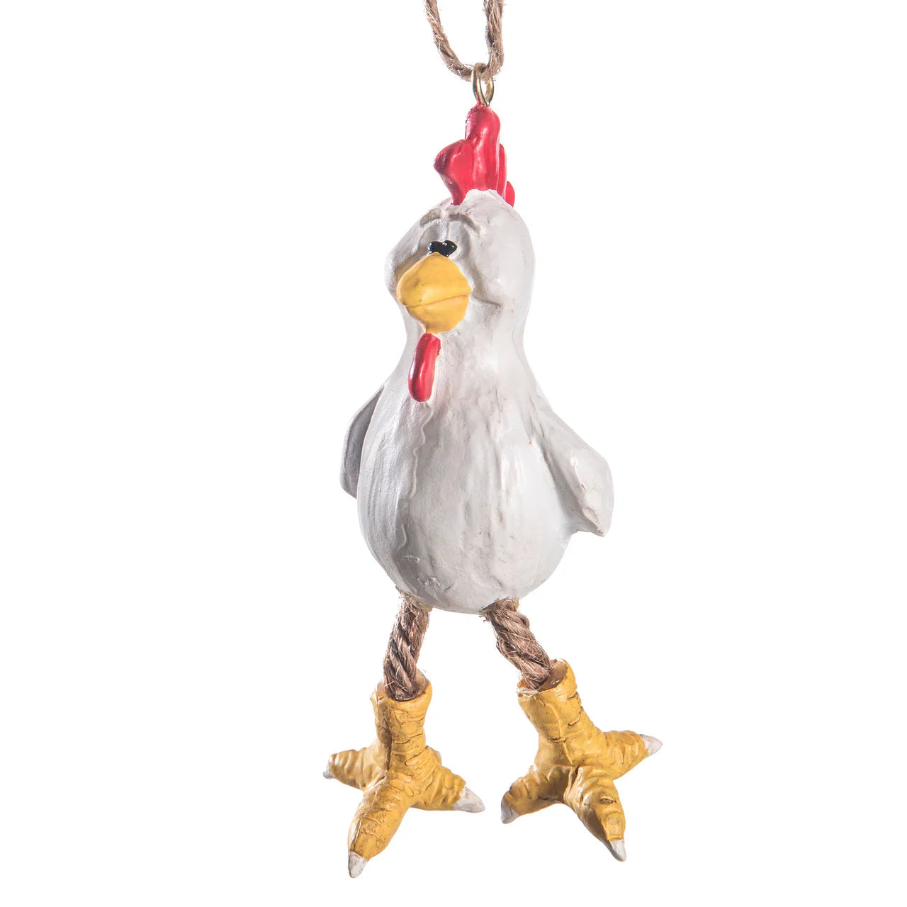 A ceramic chicken Christmas ornament with a white body, red comb and wattle, and yellow feet.