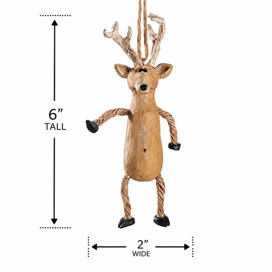 A hanging wooden reindeer decoration with rope limbs and antlers, shown on a white background with dimension arrows indicating 6 inches tall and 2 inches wide.