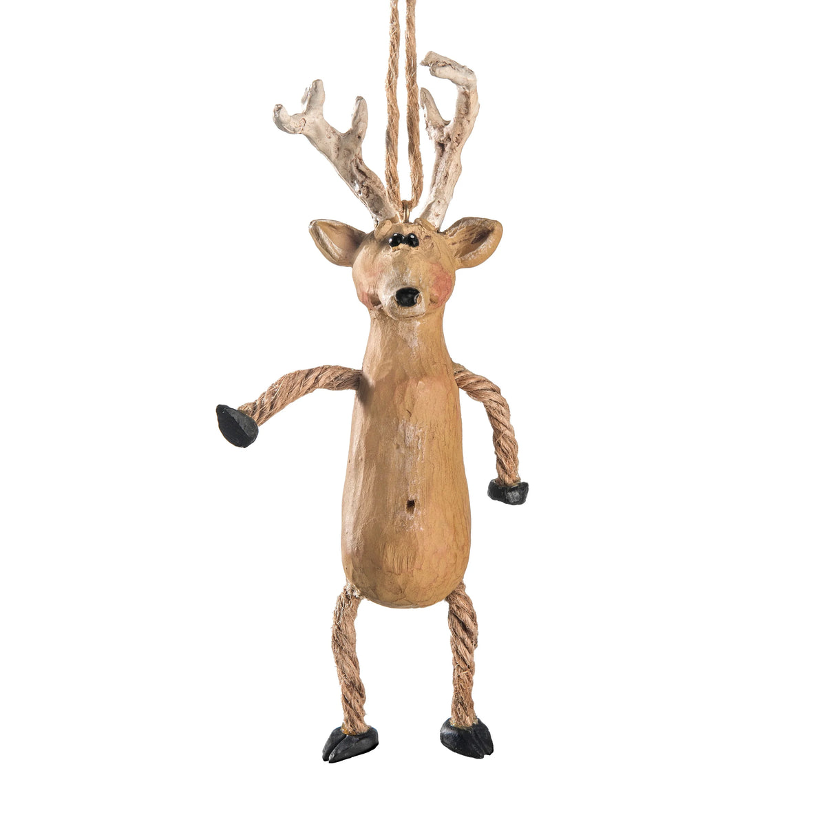A whimsical handcrafted wooden reindeer hanging decoration with rope limbs, antlers, and a hanging loop, shown against a plain white background.