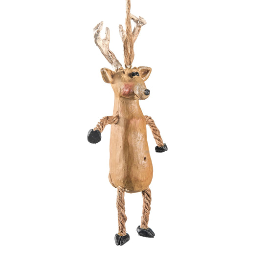 A whimsical hanging reindeer ornament made from a natural wood body with rope for legs, antlers, and arms, and black-painted hooves and nose.