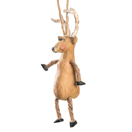 A whimsical hanging reindeer ornament made from natural wood and rope, featuring twisted rope legs, rope arms, and antler-like branches on the head, shown against a plain white background.