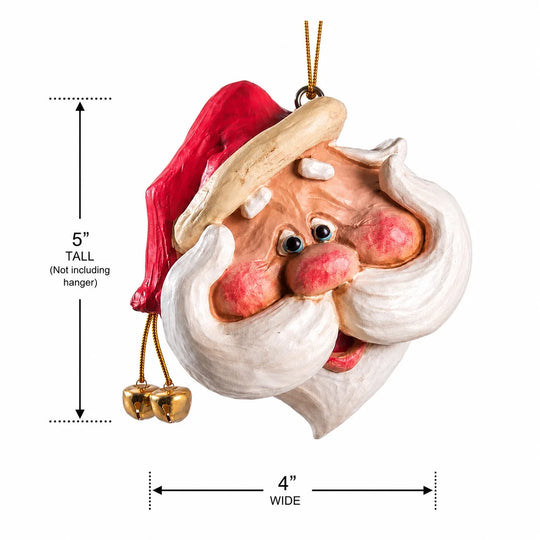 A Santa Claus ornament shown on a white background with dimension arrows and text indicating 5 inches tall and 4 inches wide, including a hanging loop and small gold bells.
