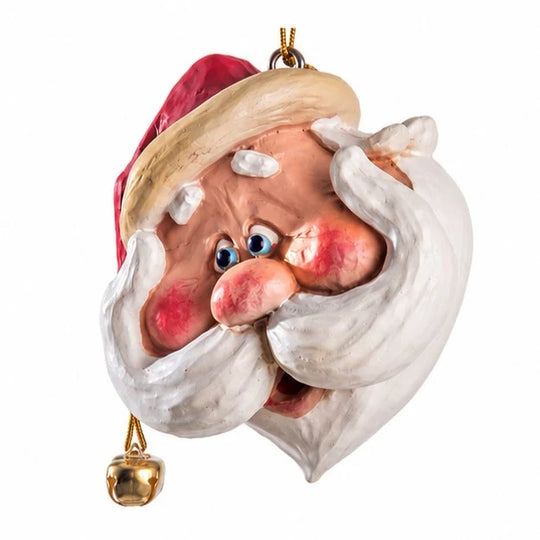 A novelty Christmas ornament shaped like a Santa Claus face with a red hat, white beard, pink cheeks, and small gold bells hanging below, shown on a plain white background.