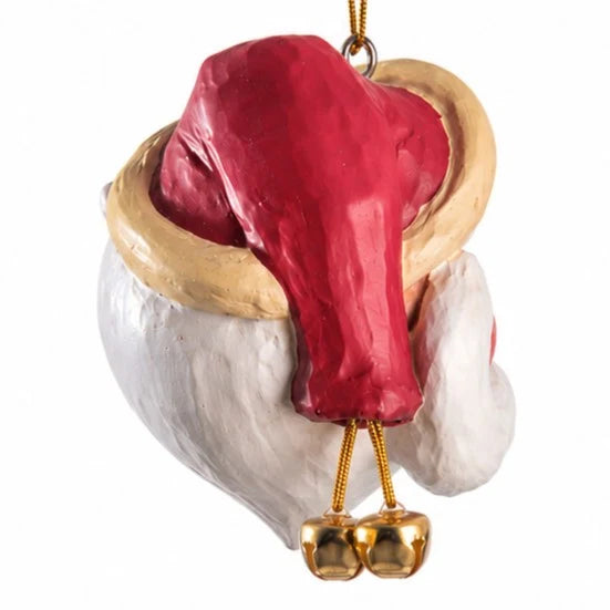A Christmas ornament shaped like Santa's hat and beard, with a red hat, white beard, gold trim, and gold bells, shown on a plain white background.