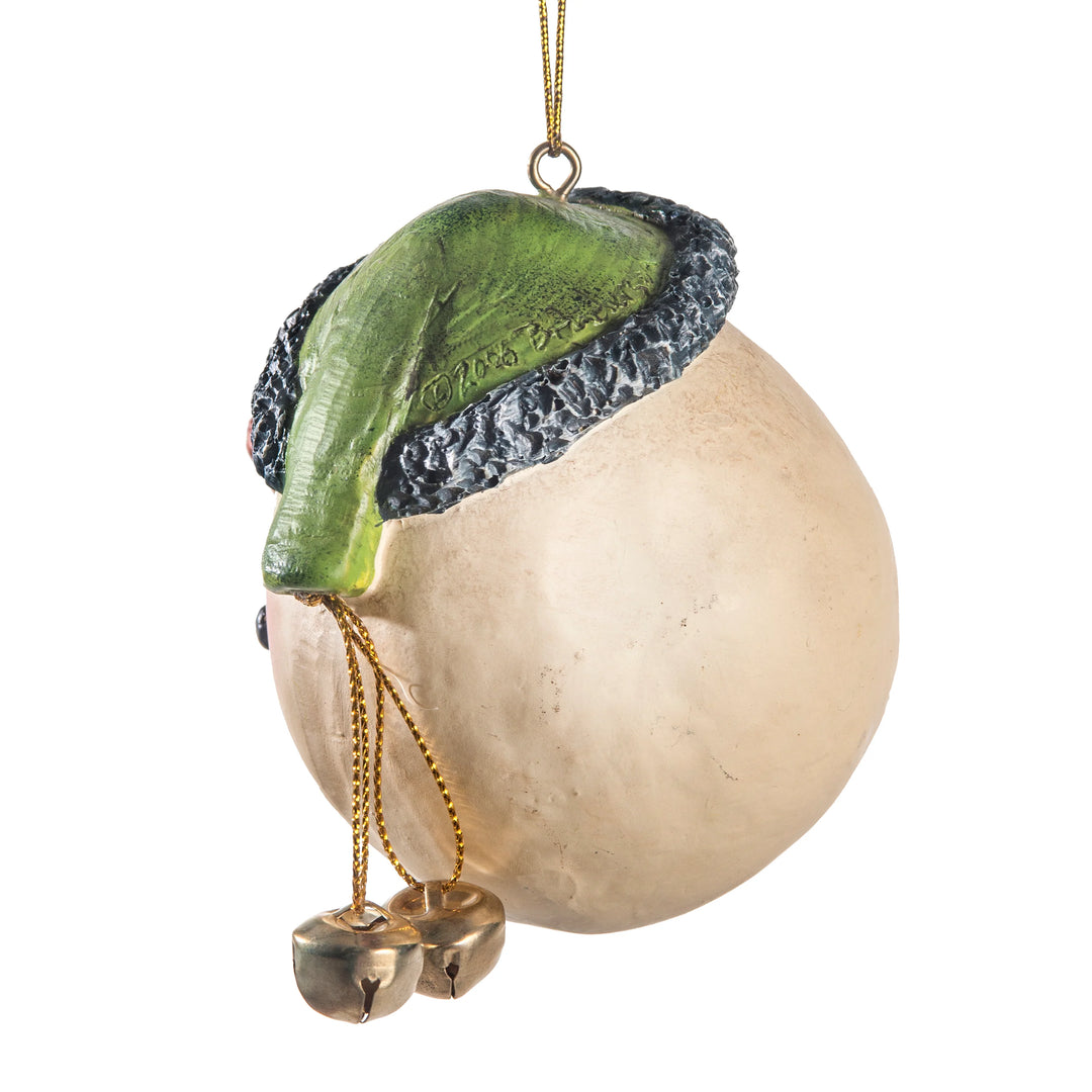 A decorative hanging ornament shaped like a peach or gourd, with a green leaf-like top, dark textured trim, and two small gold bells dangling from chains, shown on a plain white background.