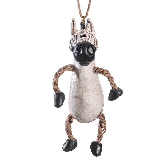 A rustic wooden donkey hanging ornament with a textured off-white body, black painted face and hooves, and twisted brown rope arms and legs, suspended by a natural jute string on a white background.