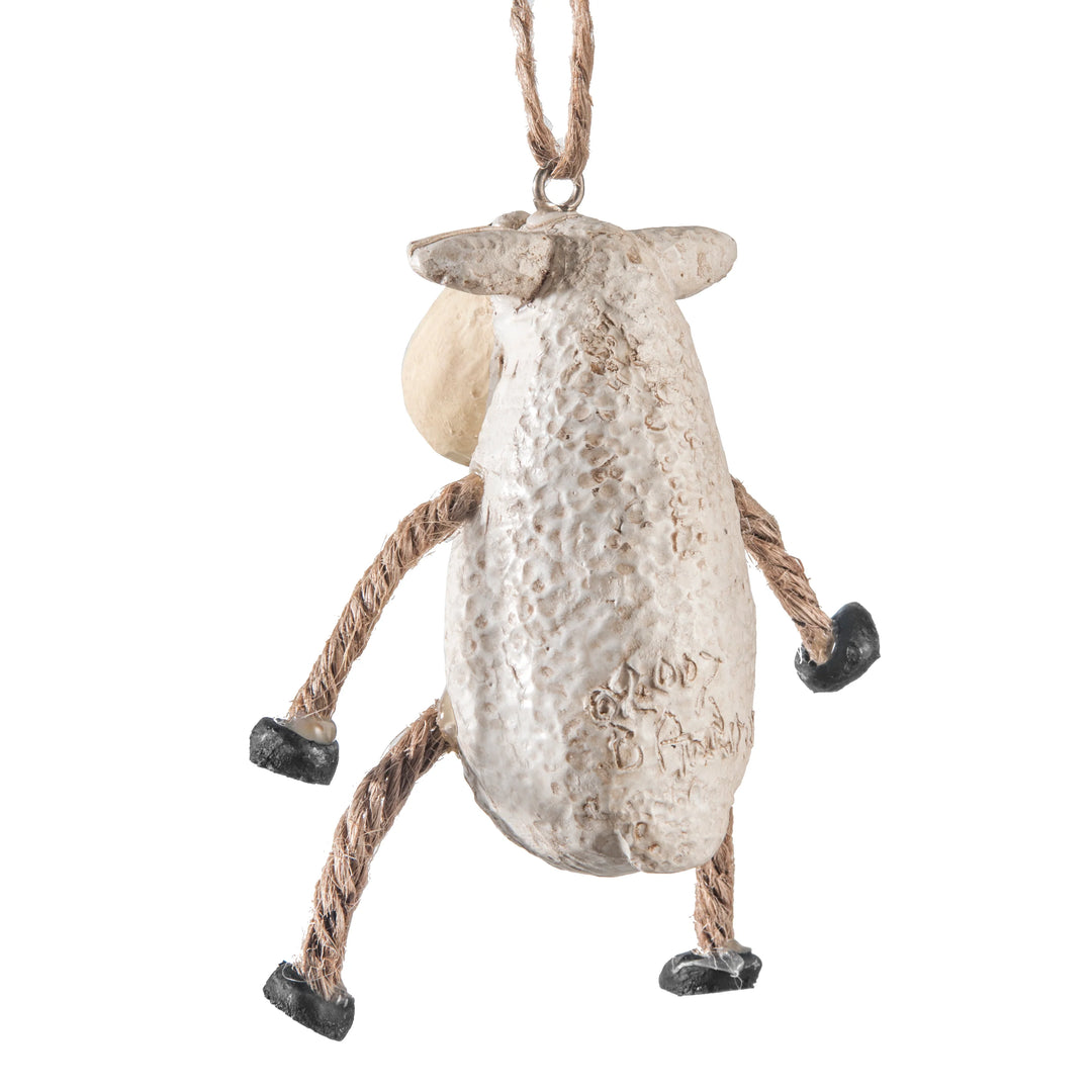 A rustic sheep-shaped hanging ornament with a textured off-white body, twisted rope legs and ear loops, and small black hooves, shown on a plain white background.