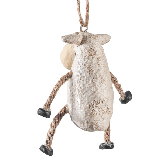 A rustic sheep-shaped hanging ornament with a textured off-white body, twisted rope legs and ear loops, and small black hooves, shown on a plain white background.