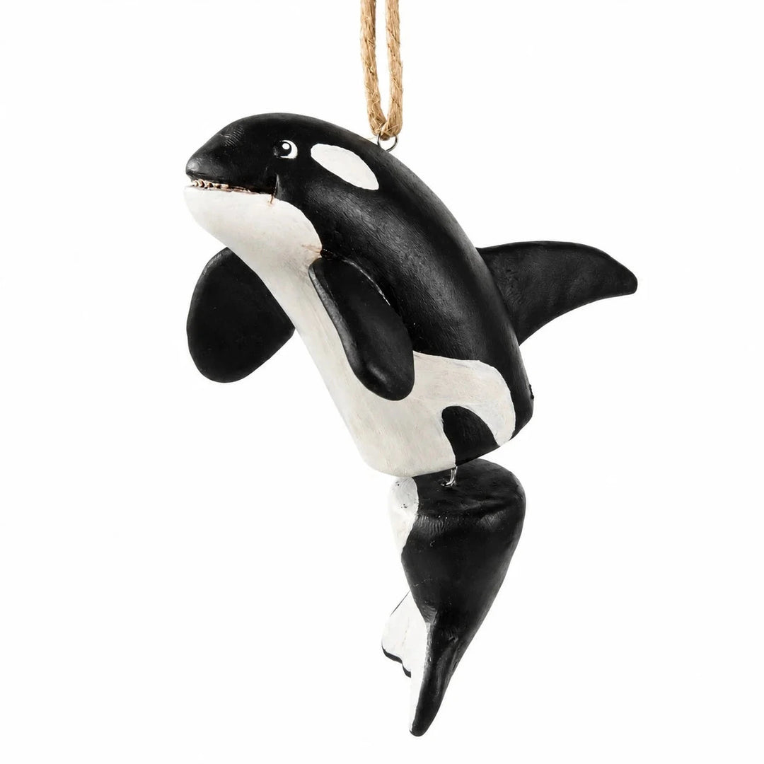 A hand-painted wooden orayfish ornament hanging from a natural jute string against a plain white background.