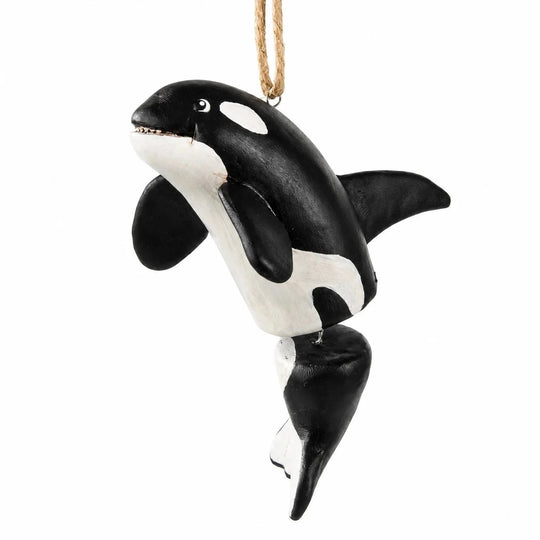 A hand-painted wooden orayfish ornament hanging from a natural jute string against a plain white background.
