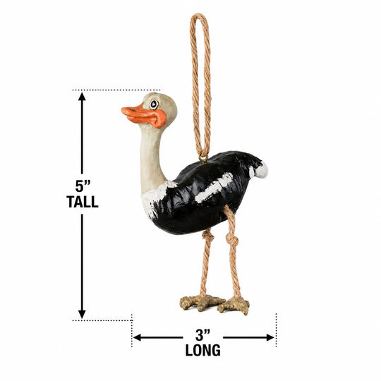 A hanging decorative bird ornament with measurement arrows showing 5 inches tall and 3 inches long, on a plain white background.