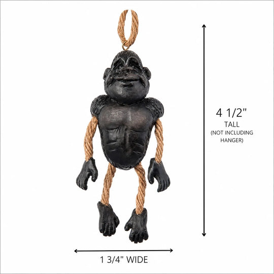 A black gorilla-shaped hanging ornament with rope details and a hanging loop, shown on a white background with dimension labels indicating 4 1/2 inches tall and 1 3/4 inches wide.
