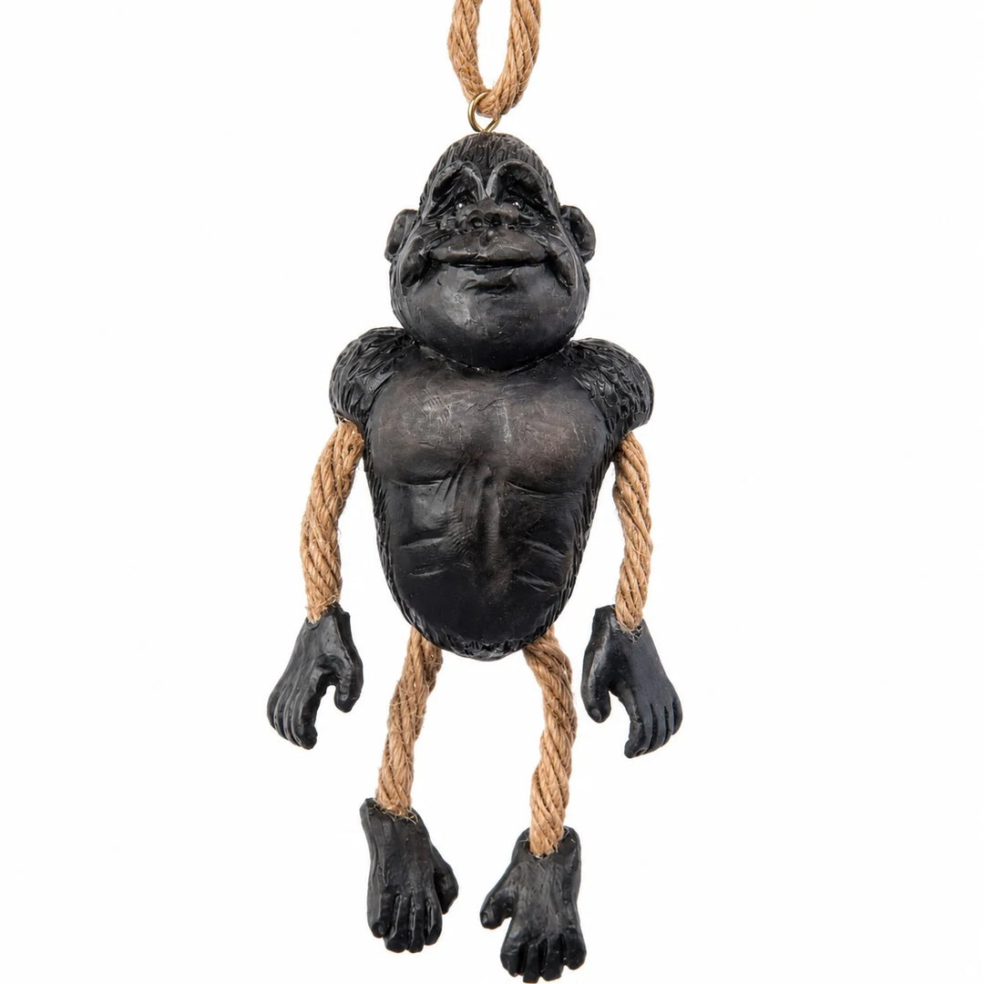 A novelty gorilla hanging ornament or decoration made of dark textured material with rope for arms and legs, suspended by a rope loop at the top, shown on a plain white background.