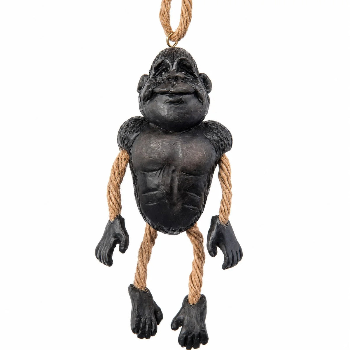 A novelty gorilla hanging ornament or decoration made of dark textured material with rope for arms and legs, suspended by a rope loop at the top, shown on a plain white background.