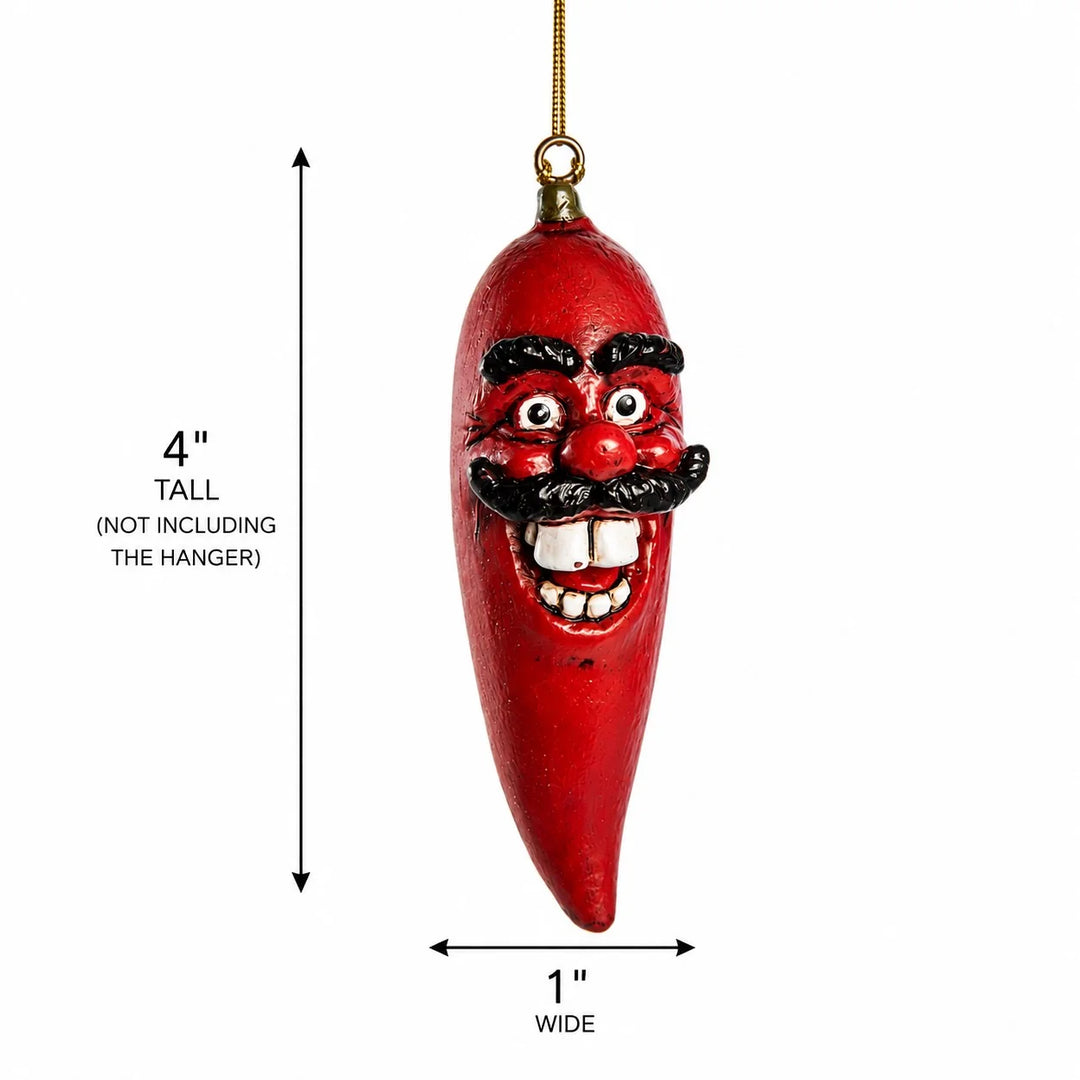 A red chili pepper shaped Christmas ornament with a smiling face, shown with dimension arrows and text indicating it is 4 inches tall and 1 inch wide, on a white background.