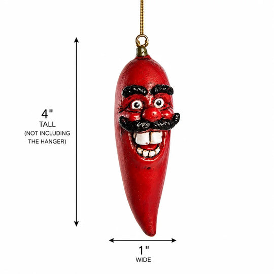 A red chili pepper shaped Christmas ornament with a smiling face, shown with dimension arrows and text indicating it is 4 inches tall and 1 inch wide, on a white background.