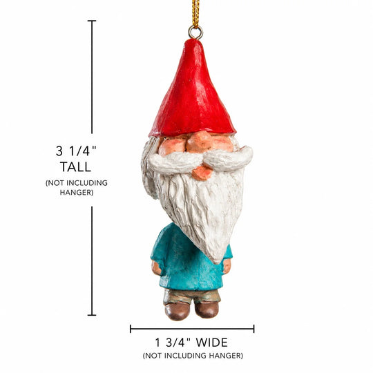 A gnome Christmas ornament with a red hat, white beard, and teal-blue coat, shown with dimension lines indicating 3 1/4 inches tall and 1 3/4 inches wide, on a white background.