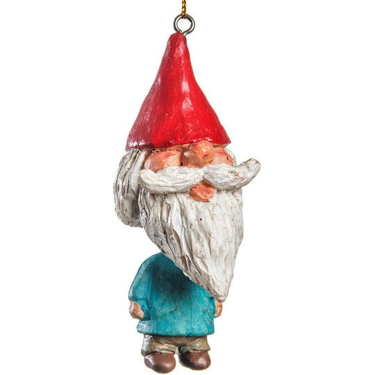 Gnome figurine with a red hat and blue clothing on a white background