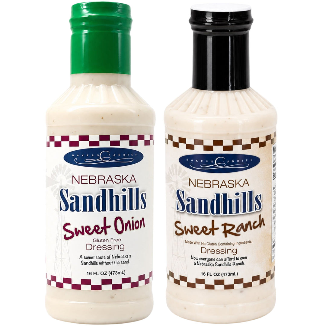 One bottle each of Nebraska Sandhills Sweet Onion and Sweet Ranch dressings on a white background