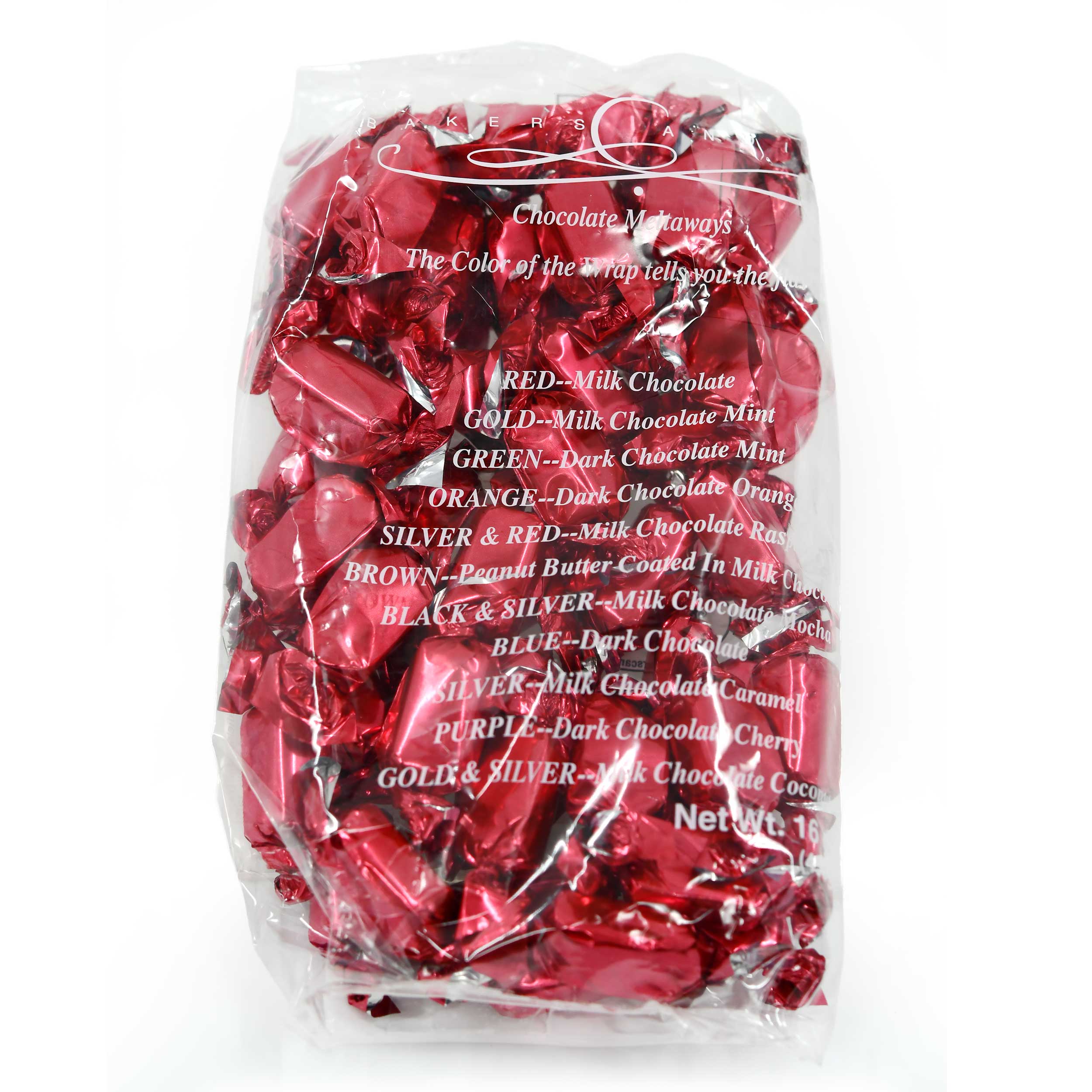 Bag of red chocolate wrapped candies with color options listed on a white background