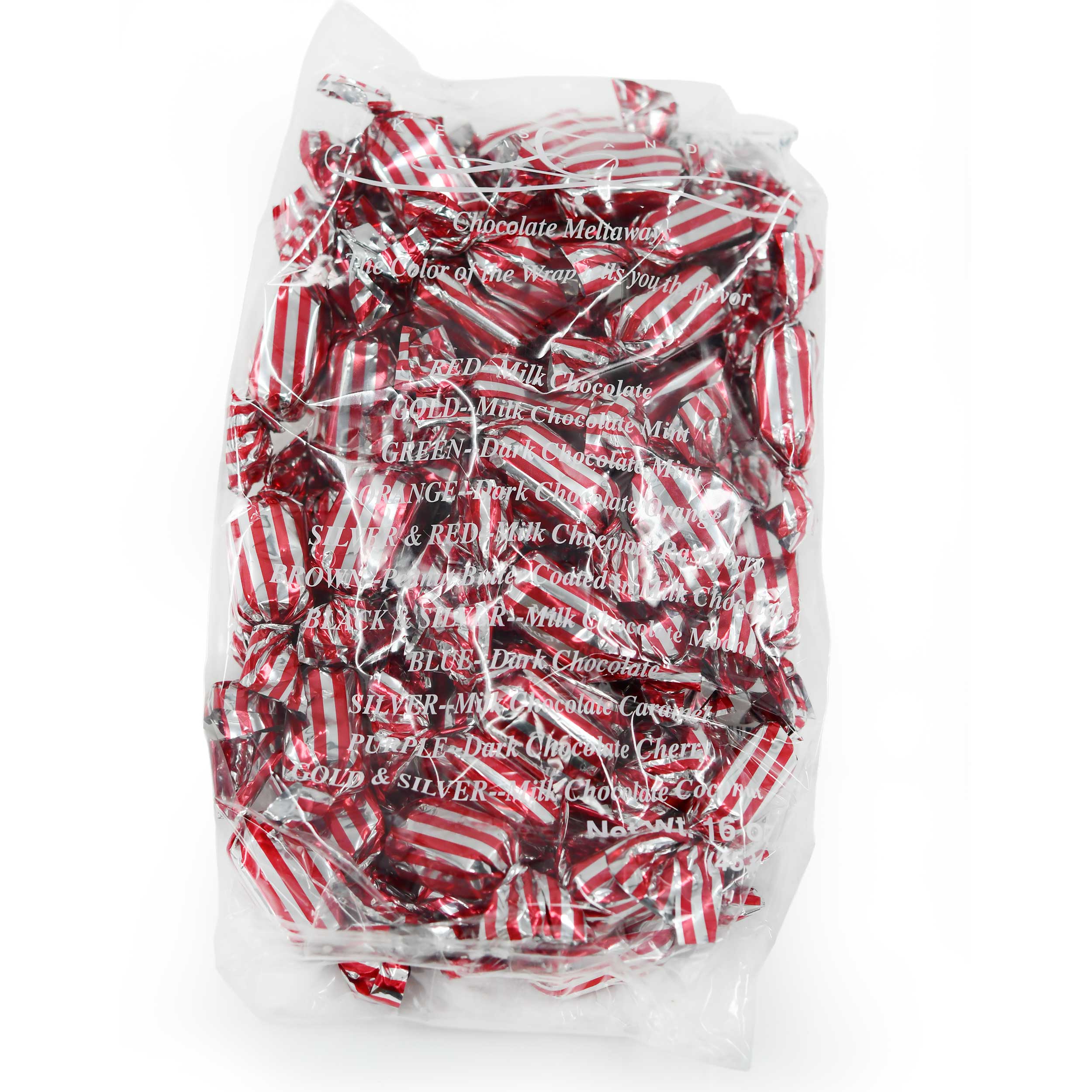 Bag of red and white striped chocolate candies with text on a white background