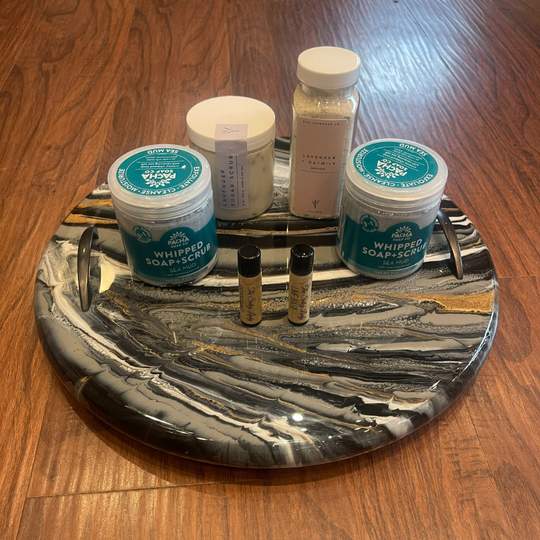 Black Gold White Lazy Susan with Product on it