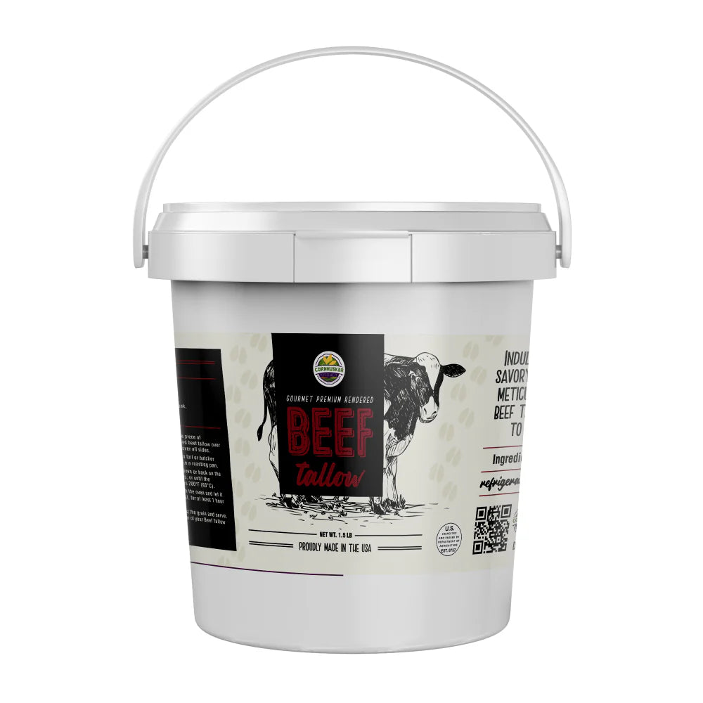 White bucket with beef product label on a white background