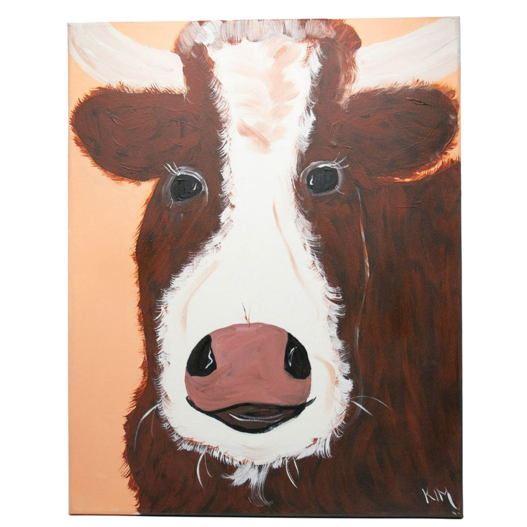 Painting of a cow's face with a warm background