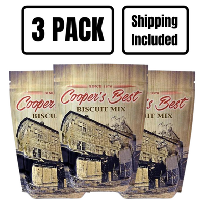 The front of three 2.5 lb. bags of Cooper's Best Biscuit Mix on a white background with 3 pack and shipping included text at top.