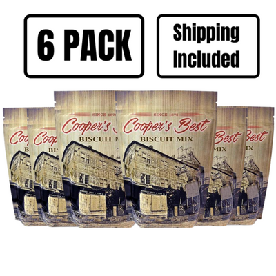 The front of six 2.5 lb. bags of Cooper's Best Biscuit Mix on a white background with 6 pack and shipping included text at top