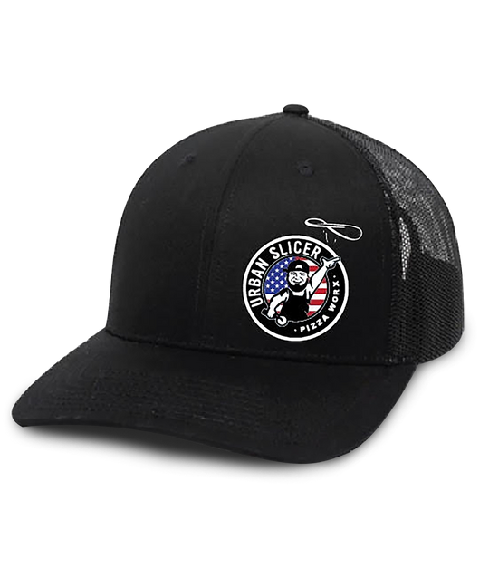 Urban Slicer Pizza Worx Snap Back Hat | Black With Red, White & Blue Logo | Urban Slicer Pizza Worx