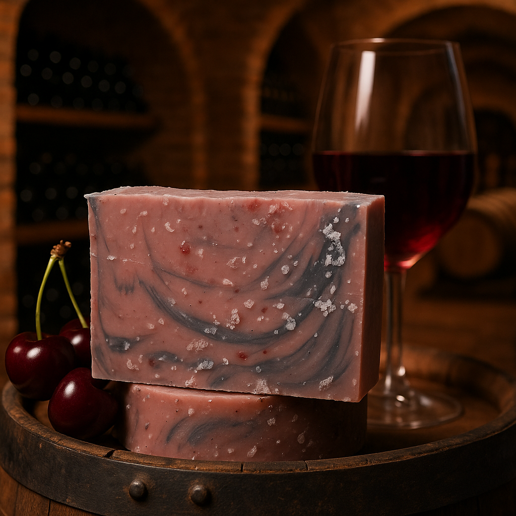 Two bars of marbled soap with a glass of red wine and cherries on a wooden barrel.