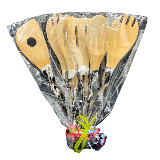 Bamboo Kitchen Utensils With Hand-Poured Resin Finish | 6 Pack | Dark Black Resin With Striking Tones Of White and Gold | Carefully Selected Bamboo | Perfect Christmas, Wedding, Or Birthday Gift For Loved Ones | Bouquet Style