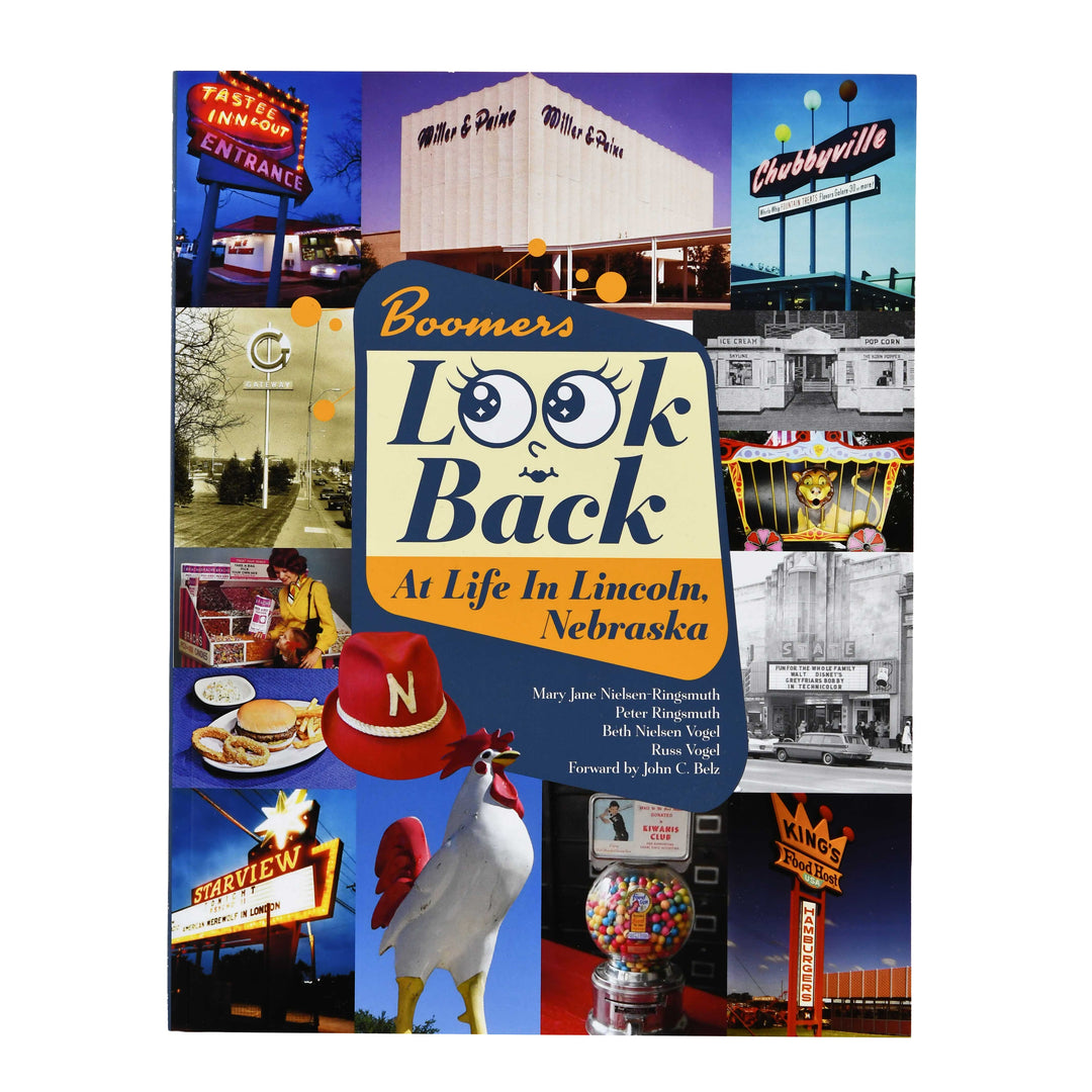 Book cover of 'Look Back at Life in Lincoln, Nebraska' with vintage storefronts and signs.