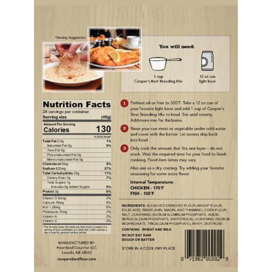 The back off a 2.5 lb. bag of Cooper's Best Breading Mix including nutrition facts, instructions, and ingredients on a white background.
