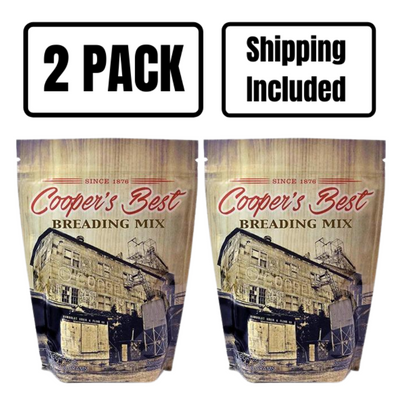 The front of two 2.5 lb. bags of Cooper's Best Breading Mix on a white background with 2 pack and shipping included text at top.