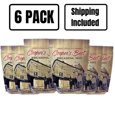 The front of six 2.5 lb. bags of Cooper's Best Breading Mix on a white background with 6 pack and shipping included text at top