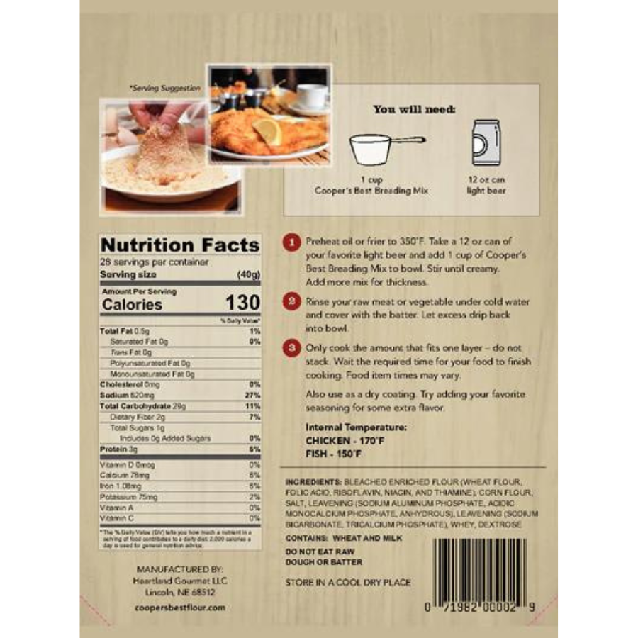 The back of a 2.5 lb. bag of Cooper's Best Breading Mix including nutrition facts, instructions, and ingredients on a white background.