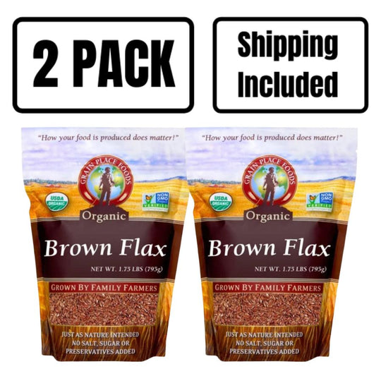 2 Bags Of 1.75 Pound Organic Brown Flaxseed With A Blank Background And A 2 Pack Shipping Included Banner Above