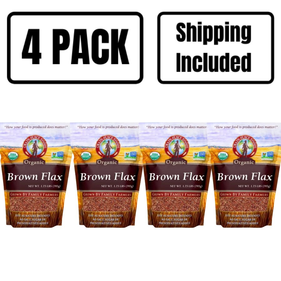 Four Brown Flaxseed 1.75 Pound Bags In A Row With A Shipping Included Banner